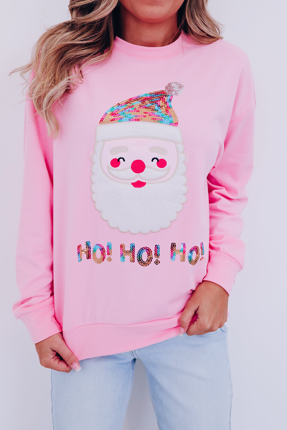 Shewin Wholesale CLOTHING Pink HO HO HO Sequined Santa Claus Graphic Sweatshirt