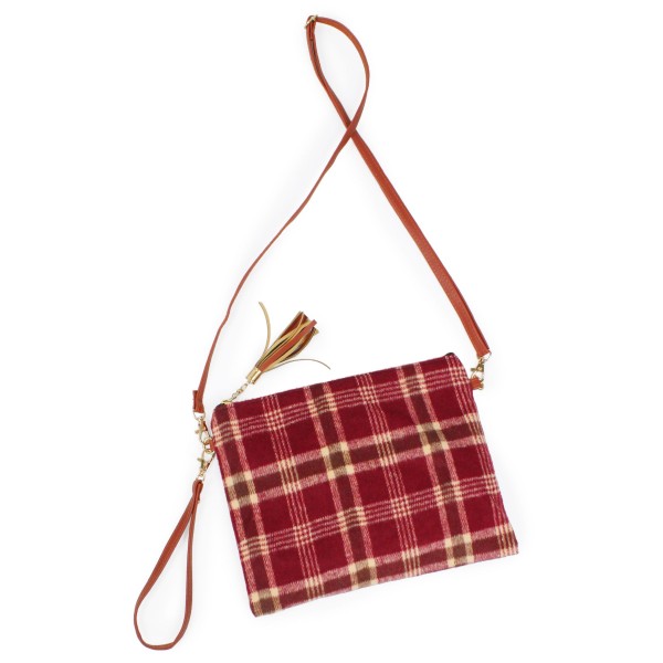 Burgundy Plaid Printed convertible HANDBAG featuring faux leather tassel zipper pull -Removable faux